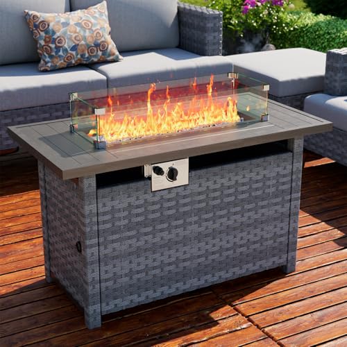 Propane Gas Fire Pit Table with Wind Guard, Auto-Ignition, 60,000 BTU, Gray W205