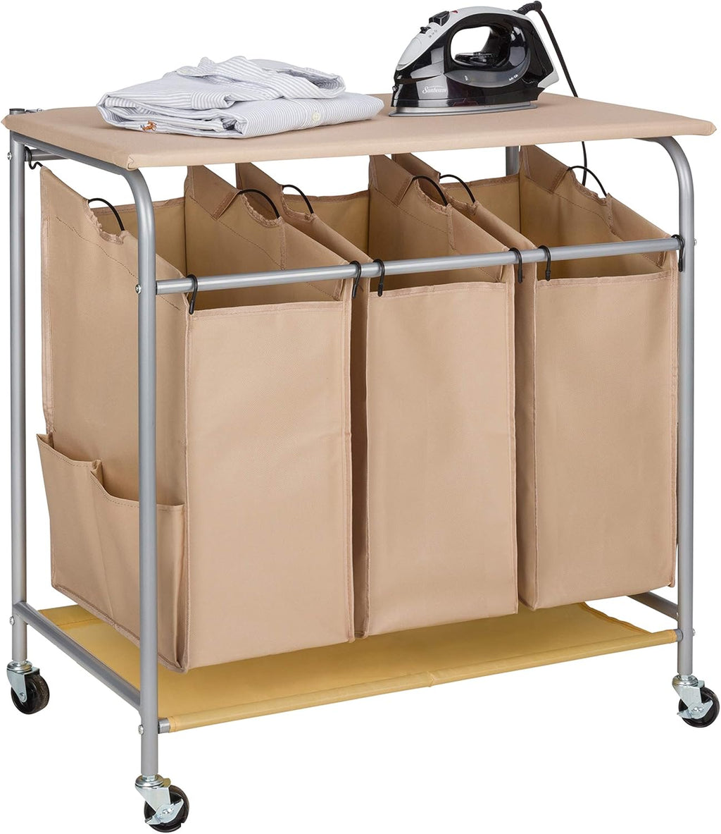 Beige 3 Section Rolling Laundry Sorter with Ironing Board N53082