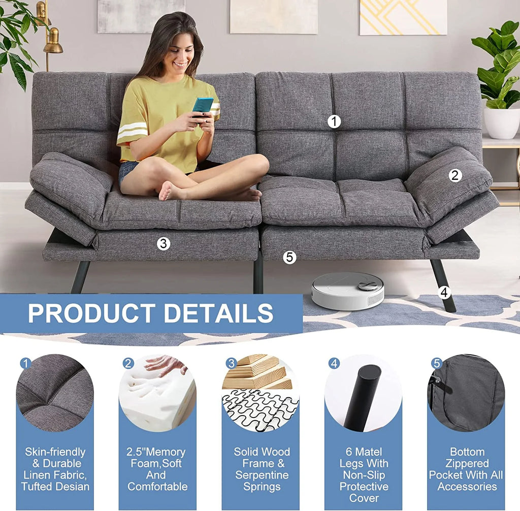 Memory Foam Futon Sofa Bed with Removable Armrests F832