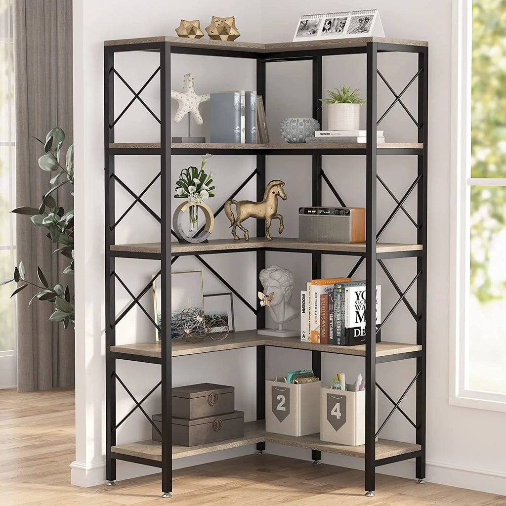 5-Shelf Corner Bookshelf with Metal Frame T592