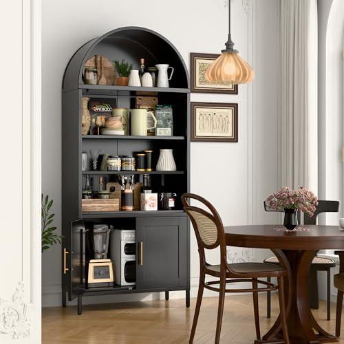 73 in Tall Black 5-Tier Metal Arched Bookcase with Doors V738