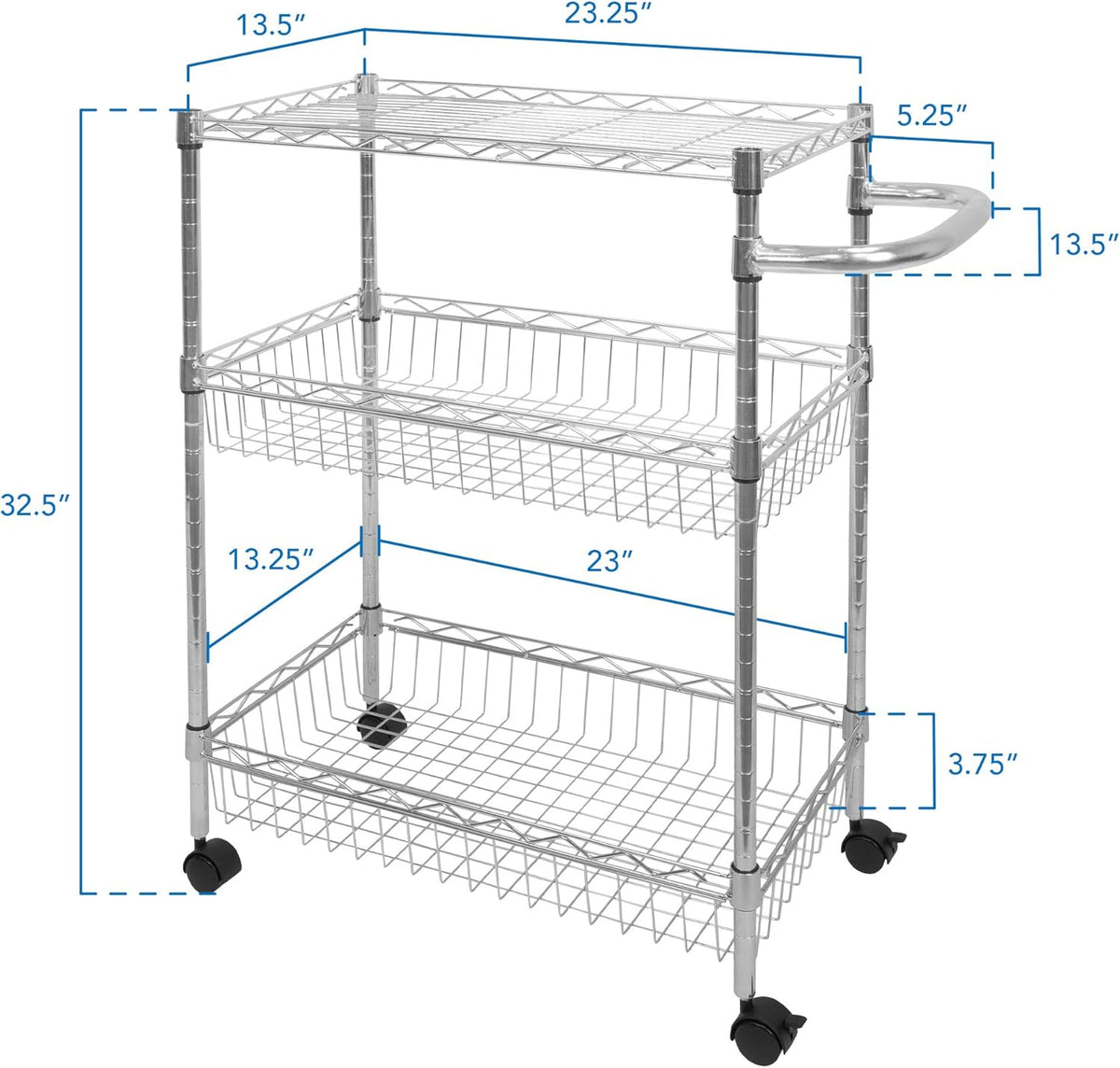 3-Tier Silver Metal Rolling Cart with Wheels P1321