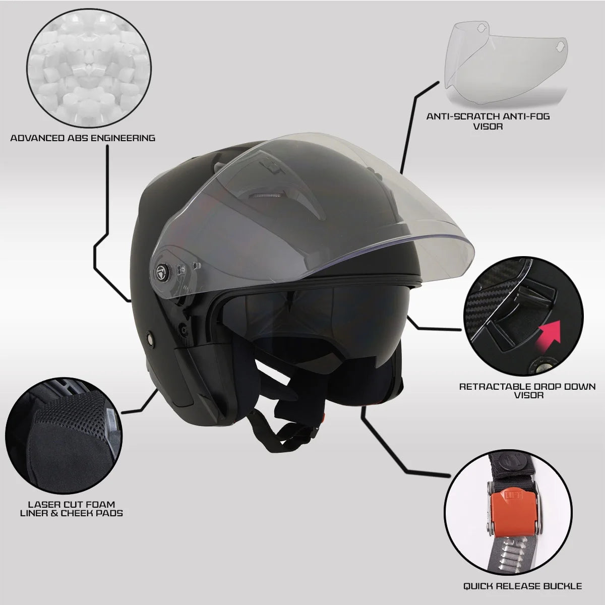 Matte Black Open Face 3/4 Helmet with Drop Down Tinted Visor I6818