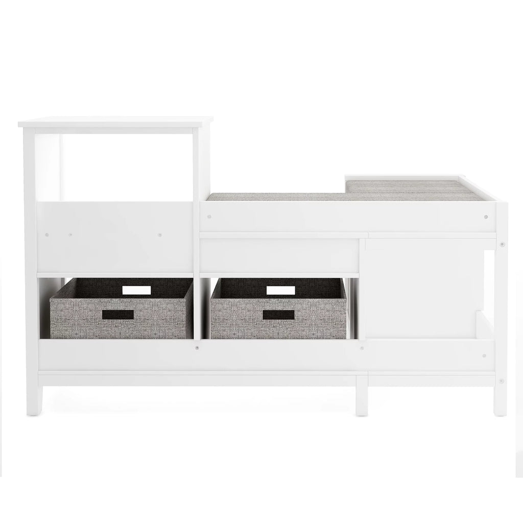 White Wooden Storage Bookcase with Seat Cushion and Fabric Bins A360