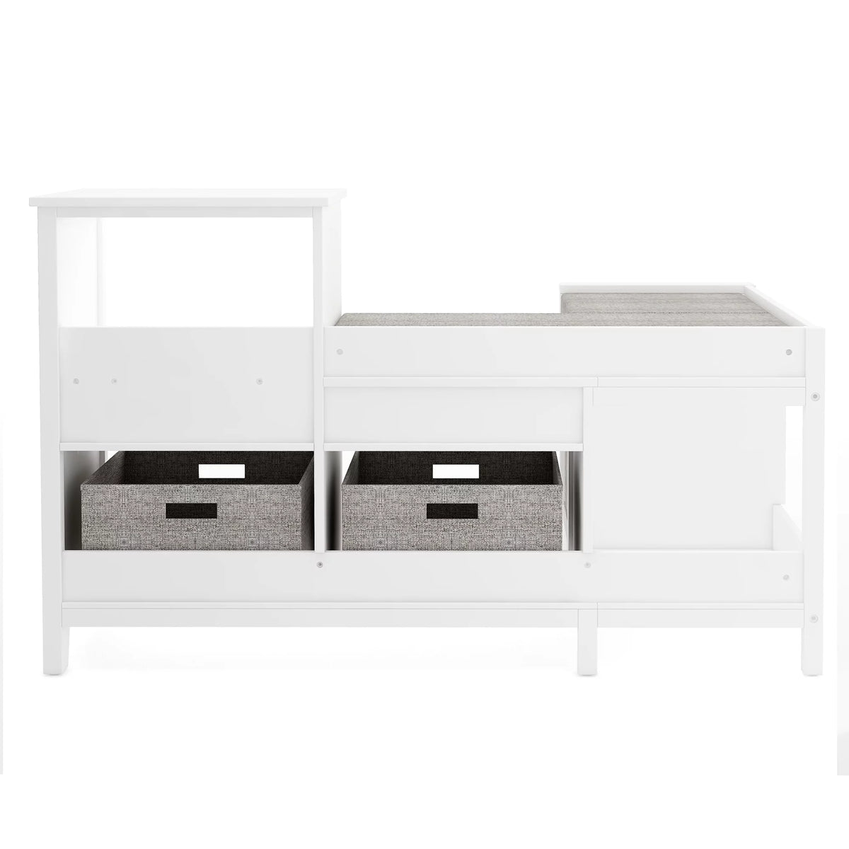 White Wooden Storage Bookcase with Seat Cushion and Fabric Bins A360