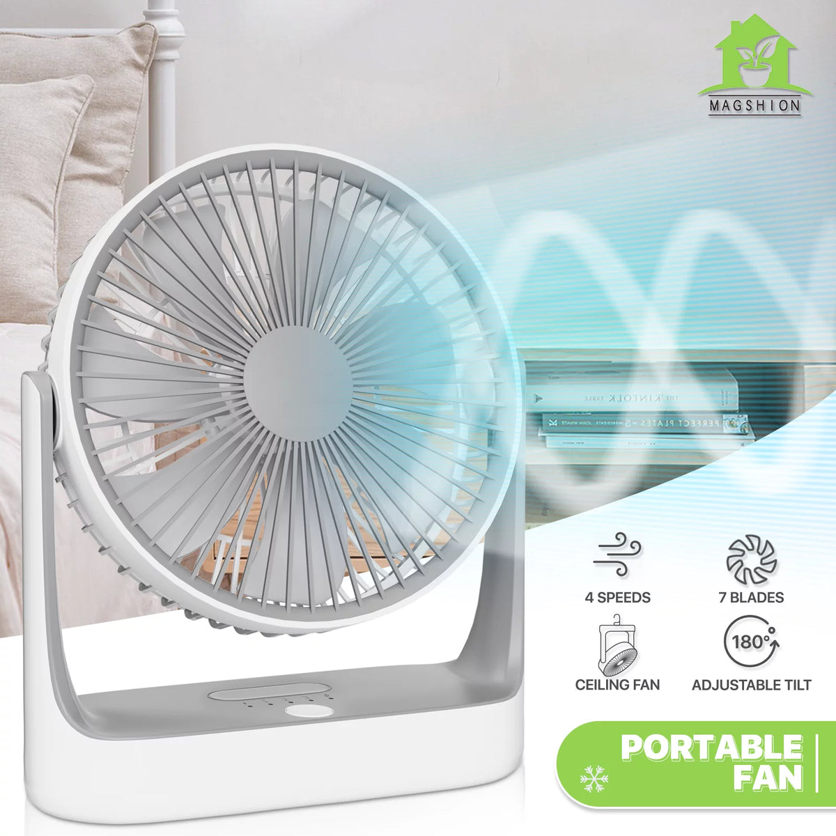 USB Desktop Fan, Rechargeable Wall Mounted Hanging Fan with LED Light, White E403025