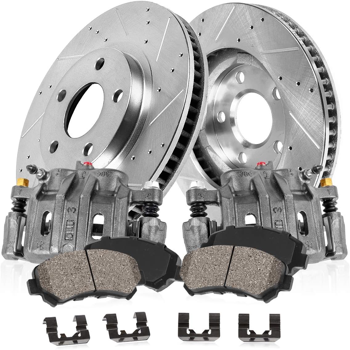 Premium Grade OE Loaded Calipers with Drilled Slotted Rotors and Ceramic Brake Pads Kit W772954