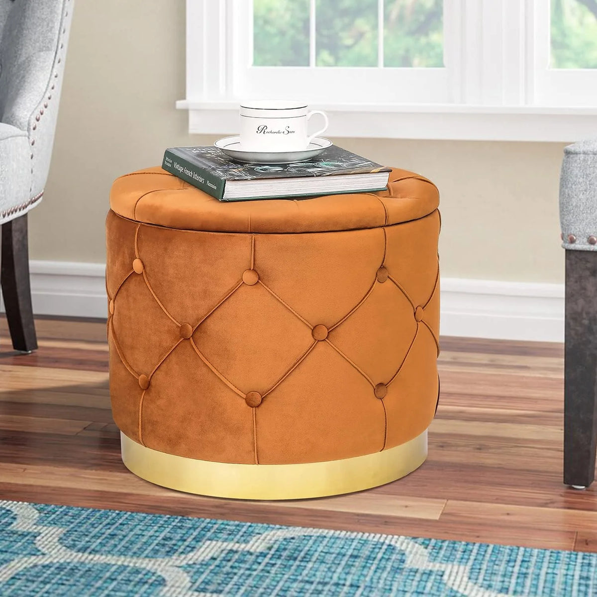 Orange Velvet Round Storage Ottoman U572