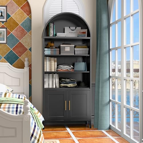 73 in Tall Black 5-Tier Metal Arched Bookcase with Doors V738