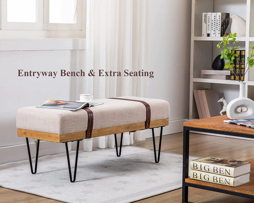 Beige Linen Rectangle Ottoman Bench with Metal Legs S653117