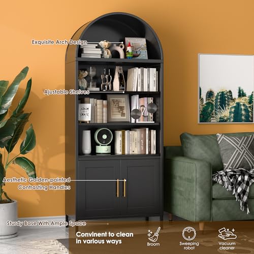 73 in Tall Black 5-Tier Metal Arched Bookcase with Doors V738