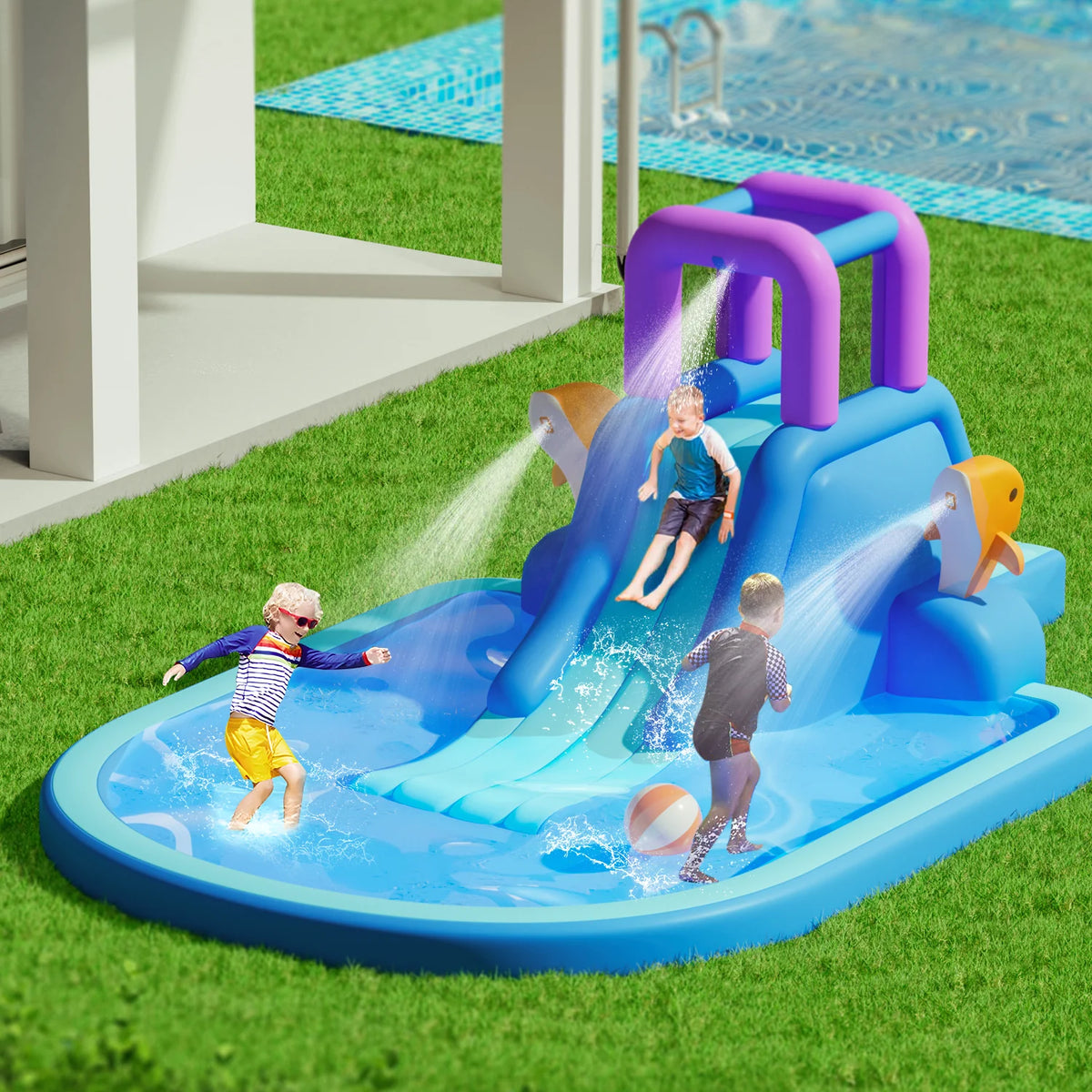 Kids Inflatable Water Slide with Blower and Splash Pool H17567