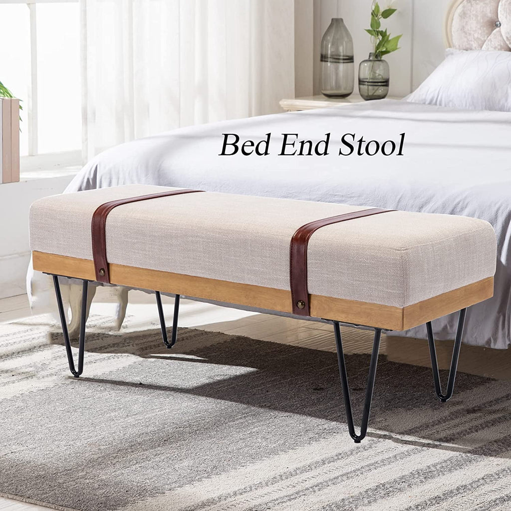 Beige Linen Rectangle Ottoman Bench with Metal Legs S653117