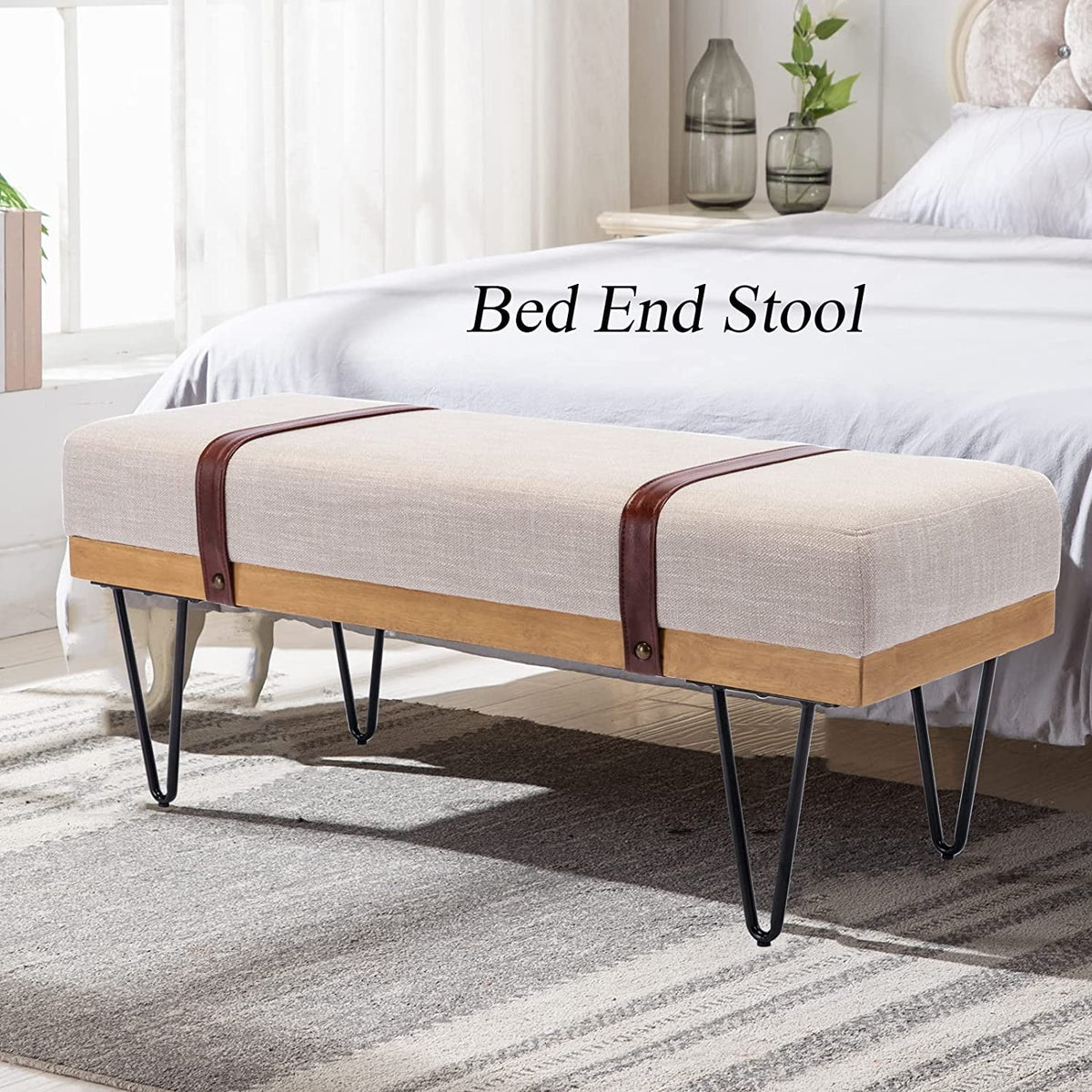 Beige Linen Rectangle Ottoman Bench with Metal Legs S653117