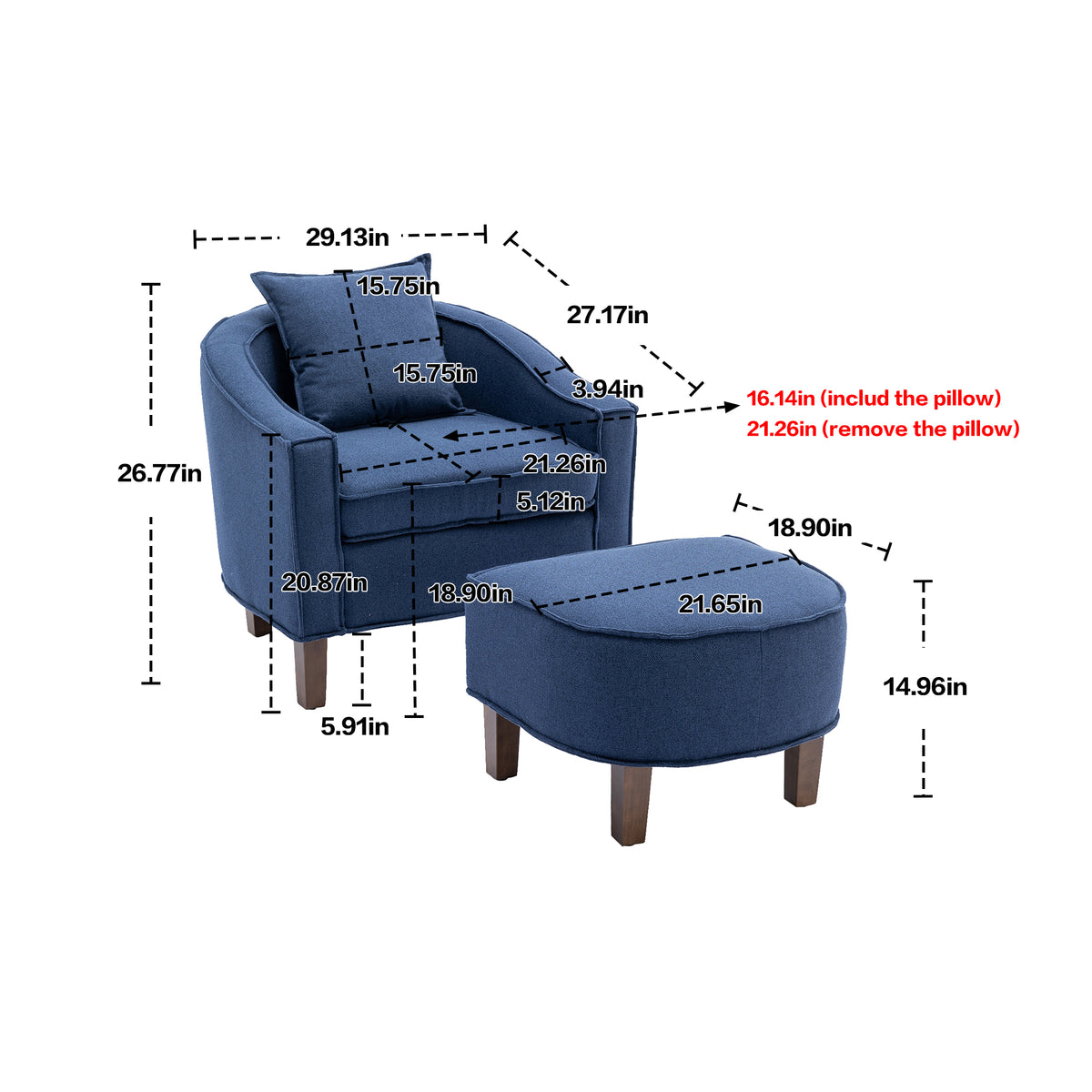 Navy Linen Accent Chair with Ottoman and Wood Legs G31988