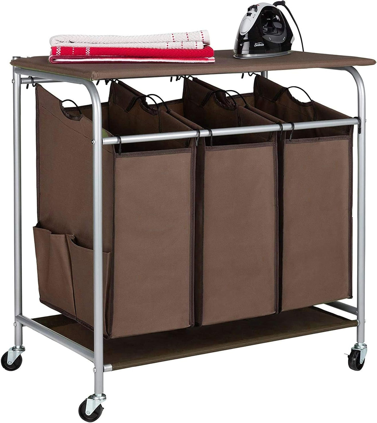 Beige 3 Section Rolling Laundry Sorter with Ironing Board N53082
