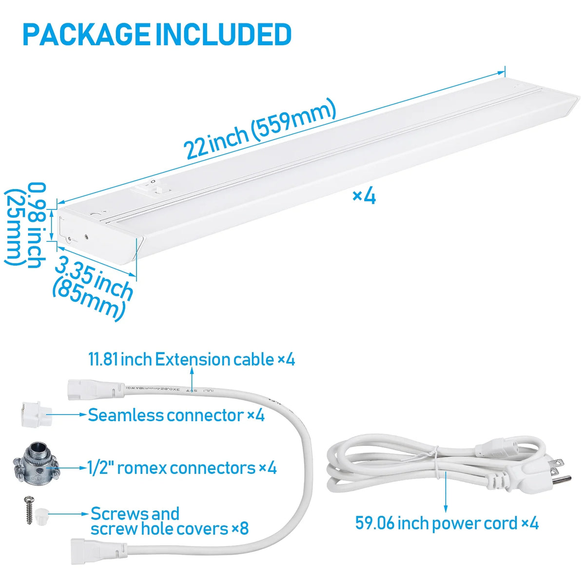 22 Inch 14W 960LM LED Under Cabinet Light, 3000K/4000K/5000K, White Aluminum Housing F978