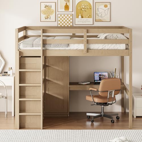 White Full Size Wood Loft Bed with Desk and Wardrobe E450