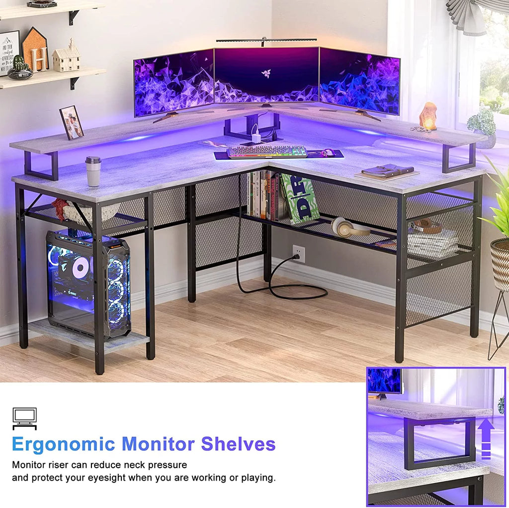 L Shaped Computer Desk with Power Outlet and LED Strip L9258