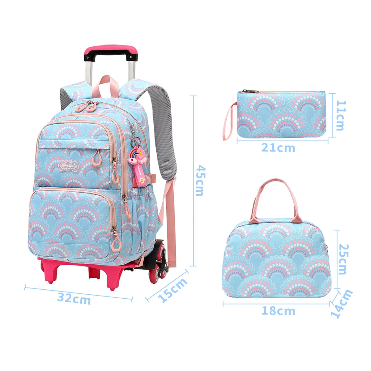 Kids Rolling Backpack 3PCS Schoolbag Set with Lunch Bag Pen Case K187