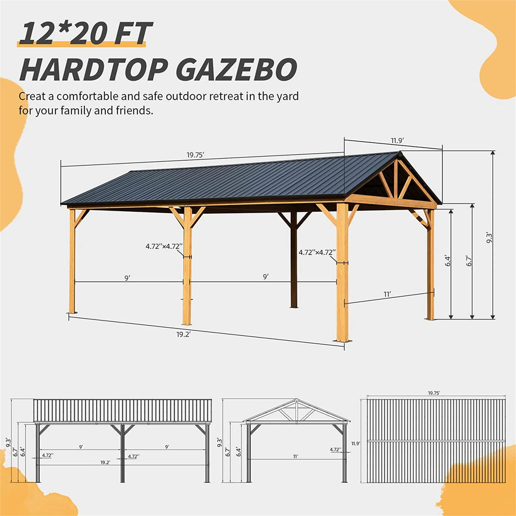 12 x 20ft Hardtop Galvanized Steel Gazebo with Wood Grain Aluminum Frame X50376