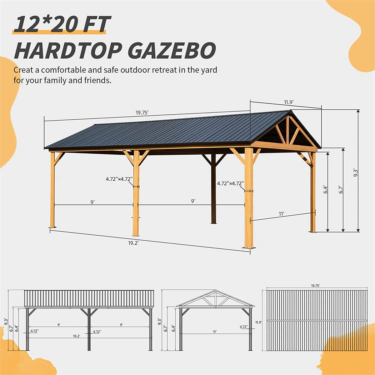 12 x 20ft Hardtop Galvanized Steel Gazebo with Wood Grain Aluminum Frame X50376