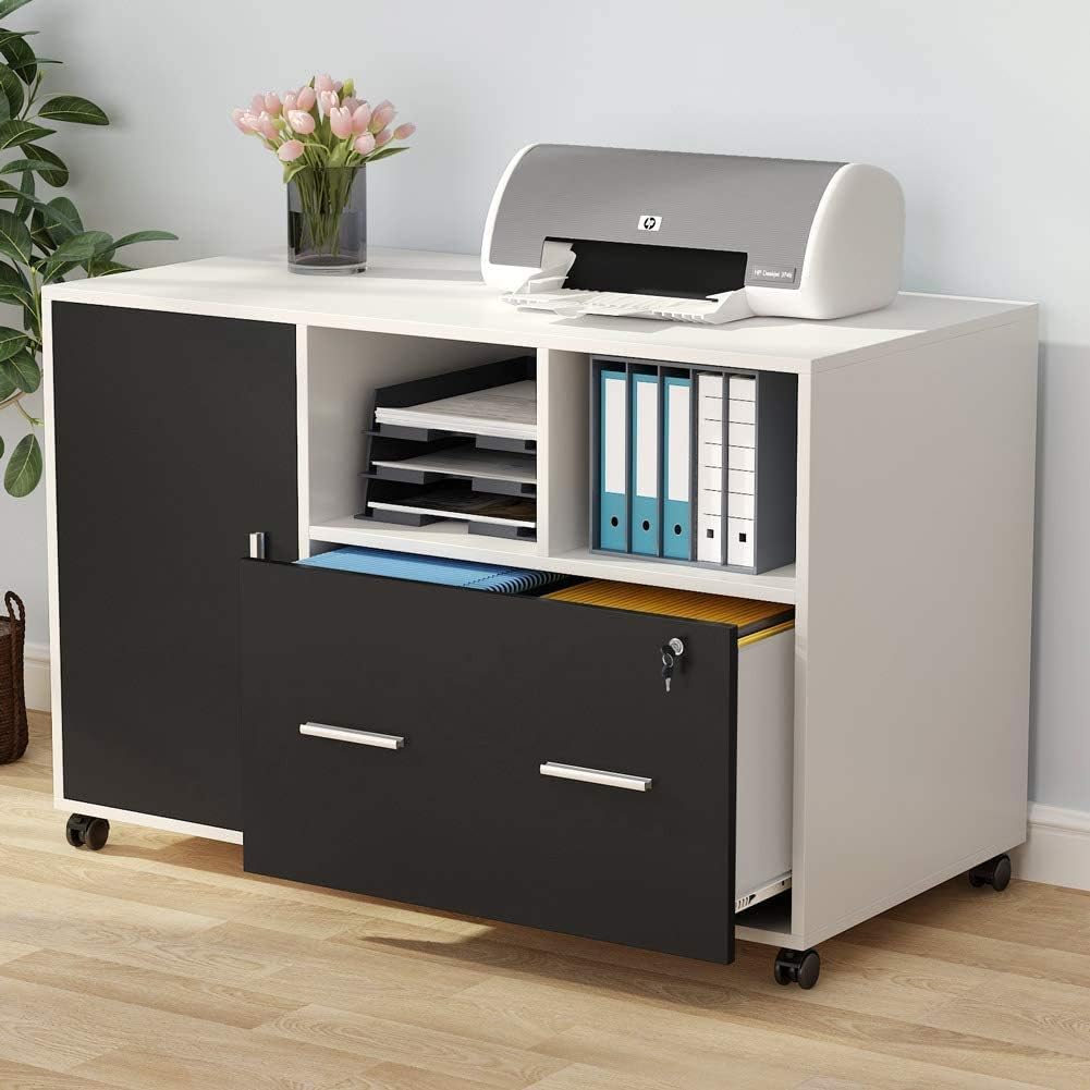 White Mobile Lateral File Cabinet with Lock and Drawer W371