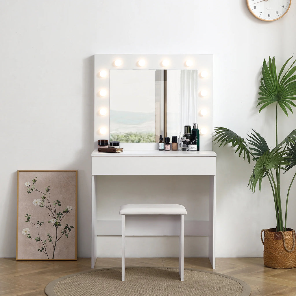 White Vanity Table with Lighted Mirror and Stool P9005