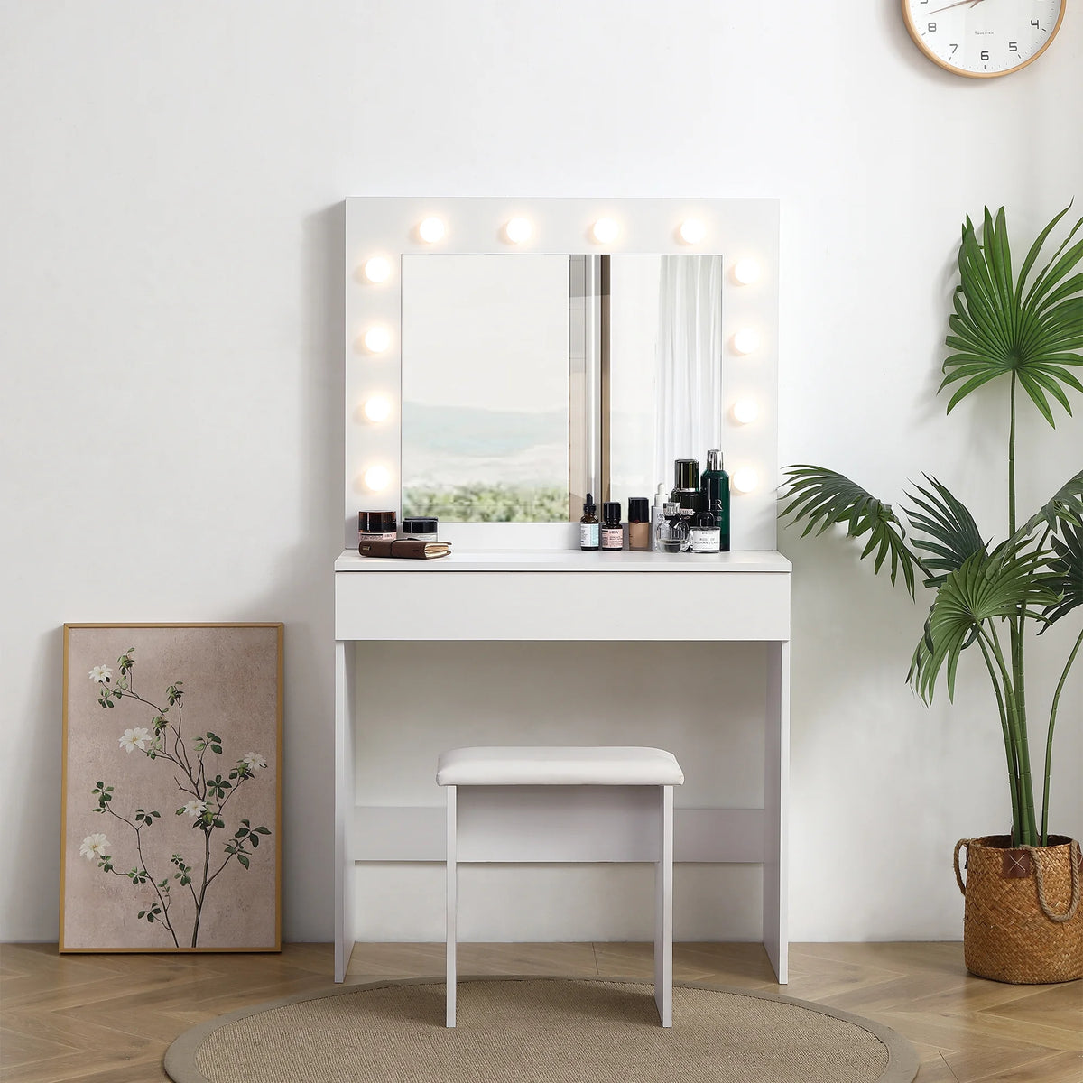 White Vanity Table with Lighted Mirror and Stool P9005