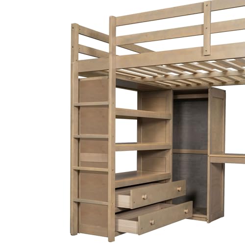 White Full Size Wood Loft Bed with Desk and Wardrobe E450